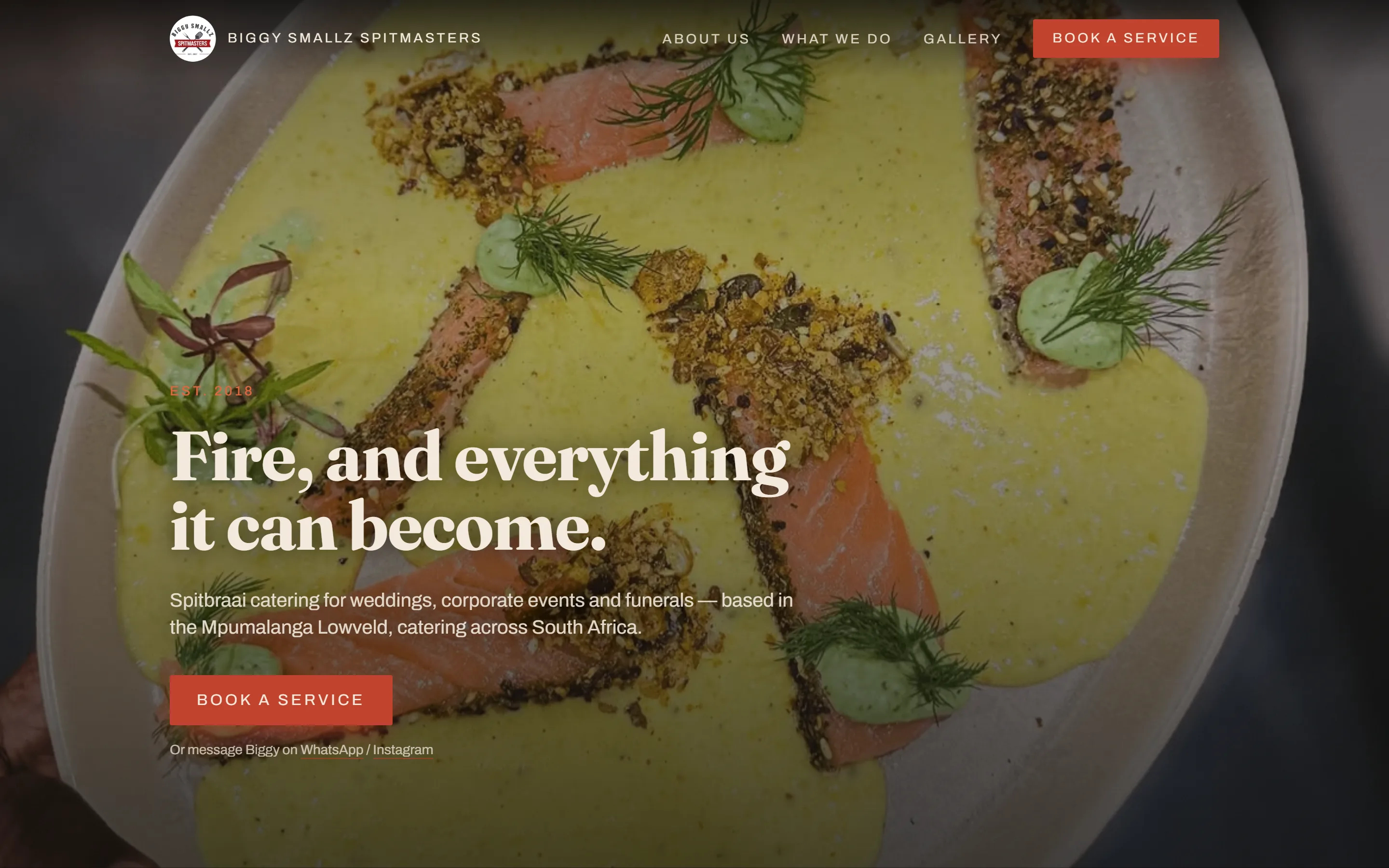 Biggy Smallz home page: a plated dish fills the hero beneath the headline “Fire, and everything it can become.”