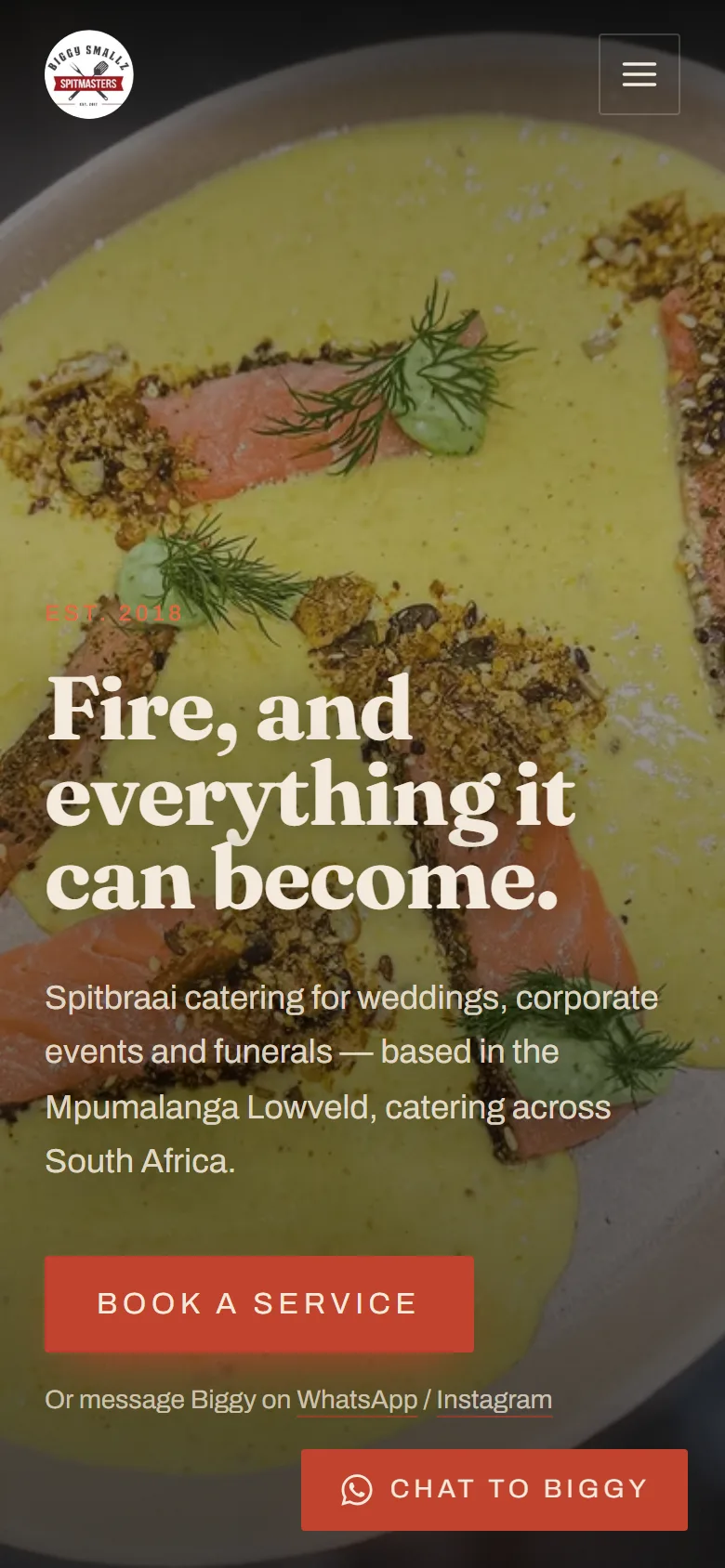 Biggy Smallz on mobile: the plated-dish hero with a “Book a service” call to action.