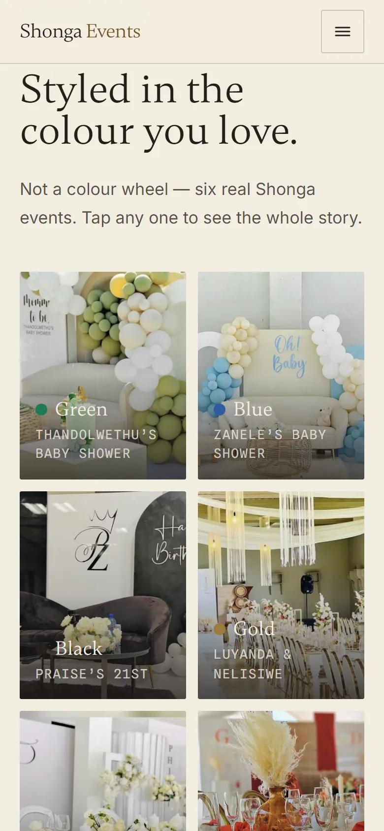 Shonga Events on mobile: the colour-themed events grid stacked two-up.
